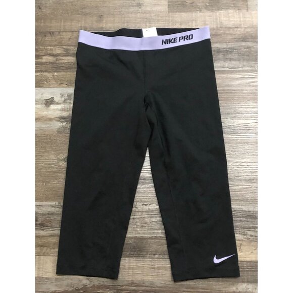 Nike Pro Crop Cropped Leggings Womens Large Black & Purple Running Yoga - Picture 1 of 6